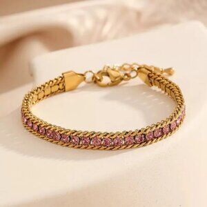 18K Gold Plated Stainless Steel Pink Zircon Chain Bracelet – Waterproof